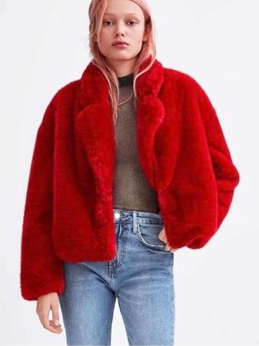 Zara Red Plush Faux Shearling Coat